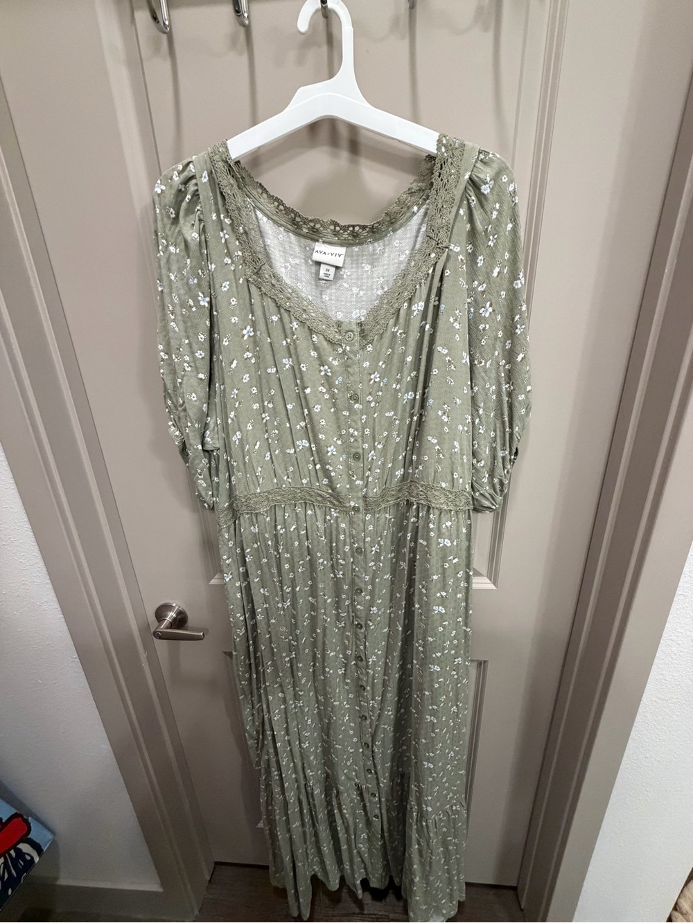 Ava & Viv Sage Green Floral Lace-Trim Maxi Dress with Puff Sleeves